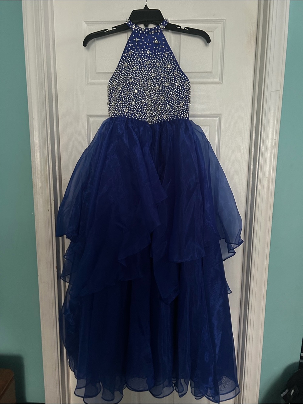 Girls' Royal Blue Beaded Halter Formal Dress